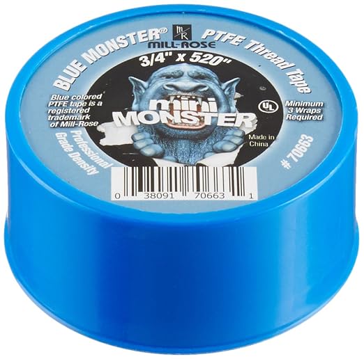 Mill-Rose Blue Monster 3/4 in. x 520 in. Blue Thread Seal Tape - 1 Each | Dense blue PTFE tape seals threaded plumbing connections; 3/4 in width and 520 in length for water, air, and general service.