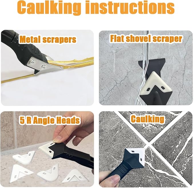10 PCS Silicone Caulking Tools (Stainless Steel head) 5 in 1 Sealant Finishing Tool Grout Remove Scraper,Caulk Remover Glass Glue Angle Scraper for Bathroom Kitchen Floor,Window,Joint