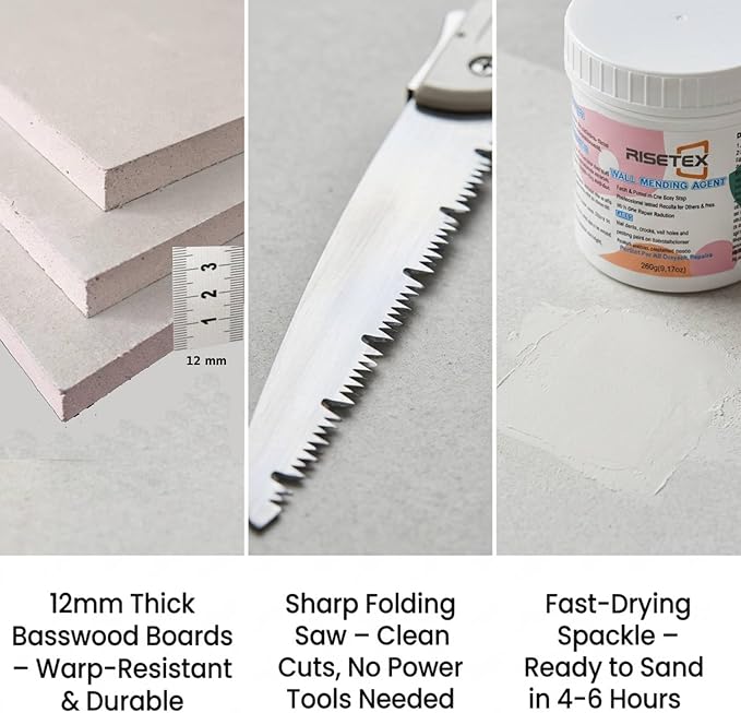 Drywall Repair Kit，34 Pcs 12x12inch Wall Patch Kit with Saw& Wood Boards，Drywall Patch Kit for Large Holes，Sheetrock Repair Kit for Cracks, Dents & Nail Holes-Quick & Easy Wall Surface Repair Solution