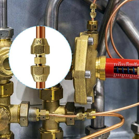 2 Pieces AC Copper Pipe Extension Joint Connectors 1/4" Brass Flare Fitting Nuts Butt Copper Tube Fitting with Flare Nut