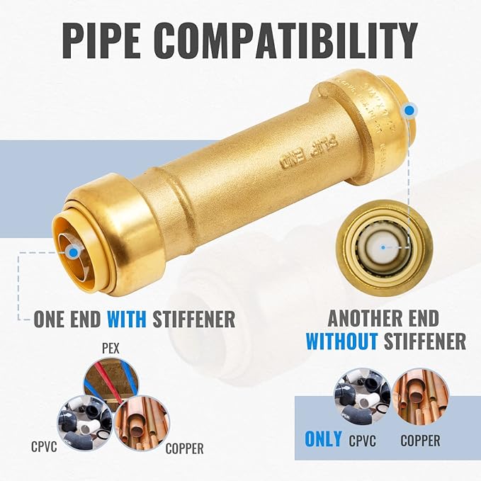 SUNGATOR 3/4 Inch Slip Coupling, Fatest Way for Emergency Repair and Leaks Fix, No Lead Brass Push-to-Connect Plumbing Fittings for PEX Pipe, Copper, CPVC, PE-RT, With 1 Disconnect Clip, Pack of 3