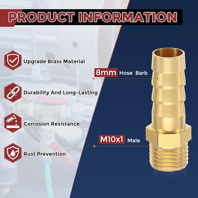 Pack of 2 Brass Hose Barb Fittings Adapter Connector 8mm Hose Barb to M10x1 Male Fittings for Home Machines, Massage Bathtubs, and Irrigation Systems