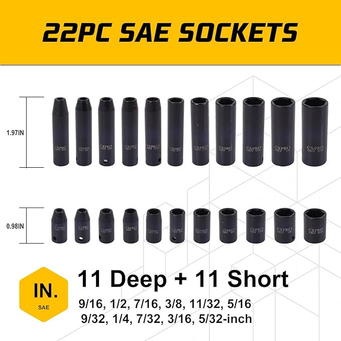 1/4" Cr-V 6 Point Drive Impact Socket Set, 56-Piece Standard SAE (5/32 to 9/16 inch) and Metric (4-15mm) Size, 1/4-Inch Ratchet Handle, Extension Bar, Universal Joint
