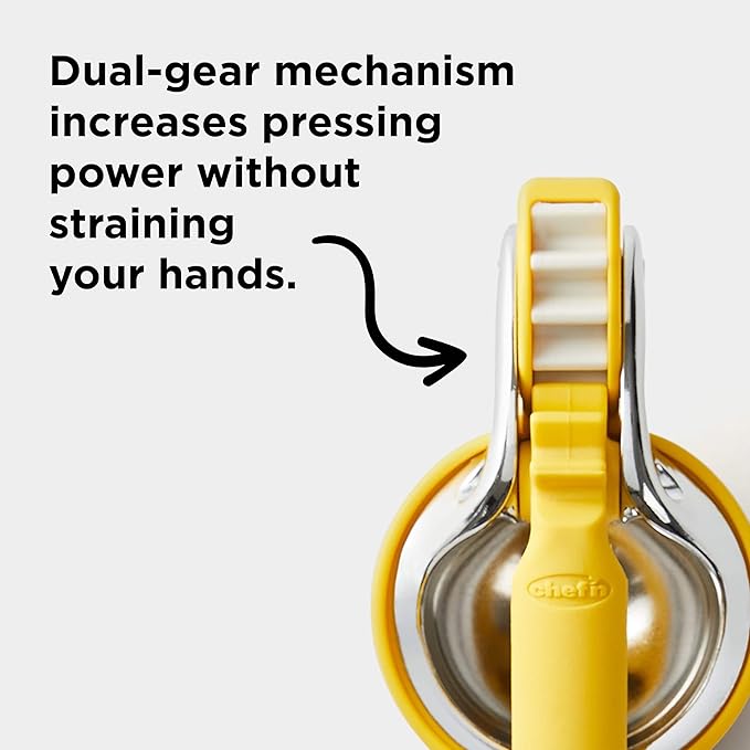 Chef'n FreshForce Lemon Squeezer Citrus Juicer, Manual Hand Press with Dual-Gear Power for Maximum Juice Extraction, Durable, Yellow