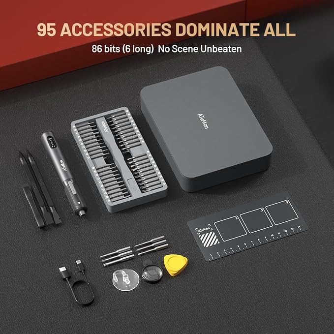 ATuMan 95 in 1 Precision Electric Screwdriver Set with 86 Magnetic Bits, 0.4N.m Torque, Visual Screen, 3-Gear Control & Magnetic Mat, Repair Tool Kit for iPhone, Laptop, Watch, Glasses