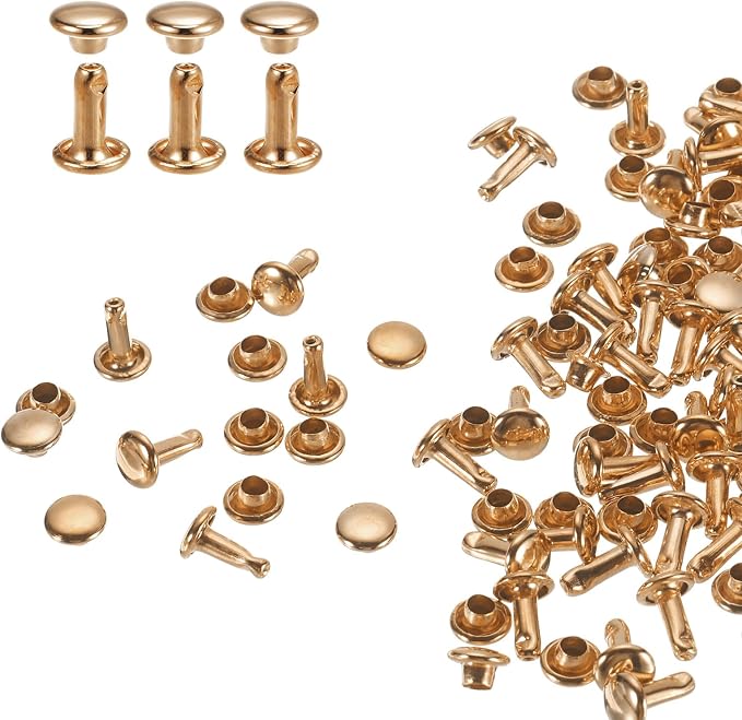 HARFINGTON 100 Sets Double Cap Leather Rivets, 6x8mm Round Cap Tubular Metal Studs Leather Crafting Rivets for Fabric Belt Pet Collar Boot Bag Repair and Decoration, Light Gold