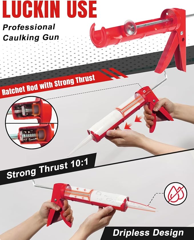 Holothurian Caulking Gun, Caulk Gun No Drip,Sealant Finishing Tool Grout Scraper for Kitchen Bathroom Window Sink Joint, 1/10 Gallon Cartridge, 10:1 Thrust Ratio, Red