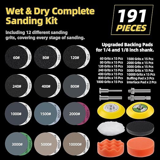 191Pcs 3 Inch Sanding Disc Drill Polishing Kit Sanding Attachment Assorted 60-10000 Grit, Wet Dry Silicon Carbide Hook & Loop Sandpaper with Sanding Pads and Soft Foam Buffering Pad for Car Wood Metal