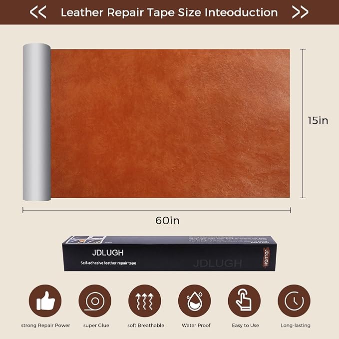 JDLUGH Sofa Leather Repair Patch Tape, Large Self Adhesive Couch, Car Seat, Office Chair, Leather Furniture, Vinyl Repair Patch Kit for Furniture (15x60 Inch, Brown 2.0)