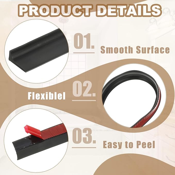 PATIKIL 79 Inch Collapsible Shower Threshold Water Dam Guard, Shower Stopper Barrier Self Adhesive Sink Splash Guard for Frameless Shower Door Bottom, Black (0.8"Wx0.5"T)