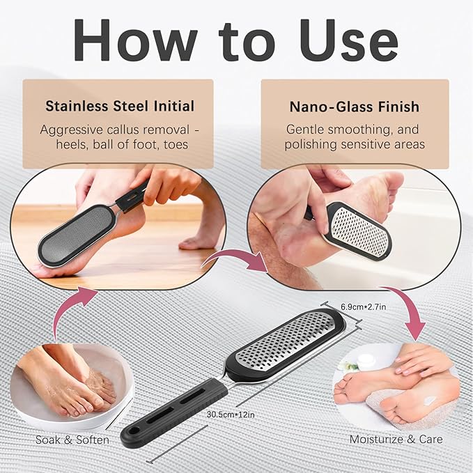 FREATECH Nano Glass & Stainless Steel Foot File 2-in-1 Foot Rasp for Callus Remover, Professional Pedicure Tool for Hard Cracked Dead Heel Skin, Smooth Exfoliating Heel Care for Home Spa Shower