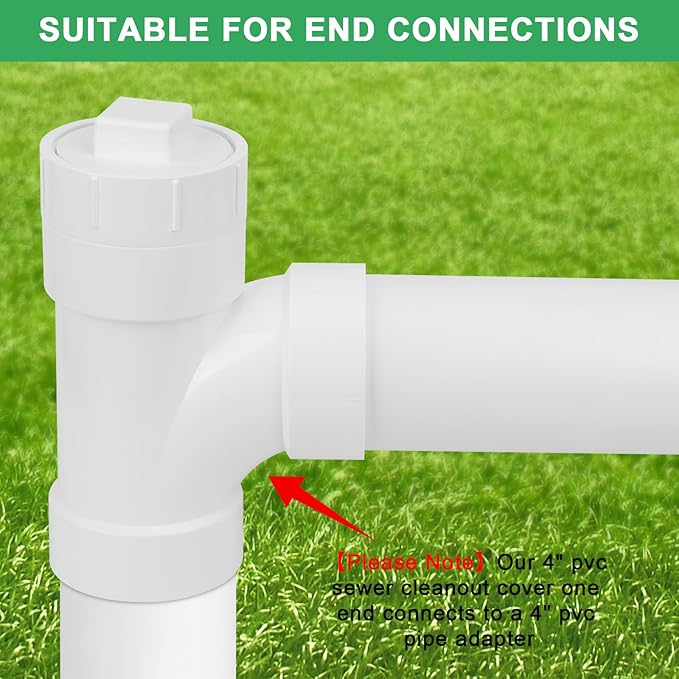 4" PVC Sewer Cleanout Adapter with Plug Pipe Fitting SCH40 PVC DWV Flush Female Sewer Cleanout Cap Cover for Drainage Piping System, Outdoor Garden, RV