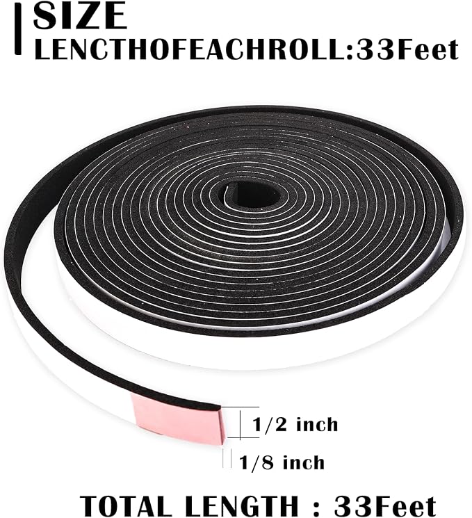 1/2 inch Wide x 1/8 inch Thick Single Sided Foam Weather Stripping, Closed Cell, High Density, Soundproof, Self-Adhesive Foam Insulation Strip for Door Frame, AC Window Units, Black