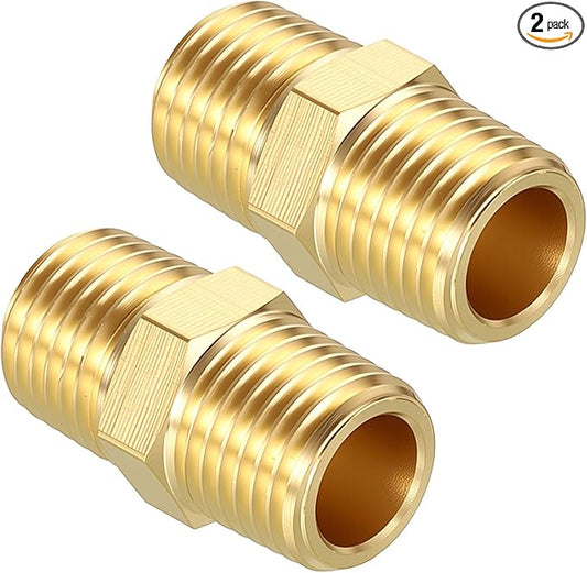 Pack of 2, 1/4" NPT Male to 1/4" NPT Male Solid Brass Hex Nipple Hose Connectors, Male Pipe Adapter for Pipe Leak Repair, Bathroom Remodeling, Tool Extensions, Compression