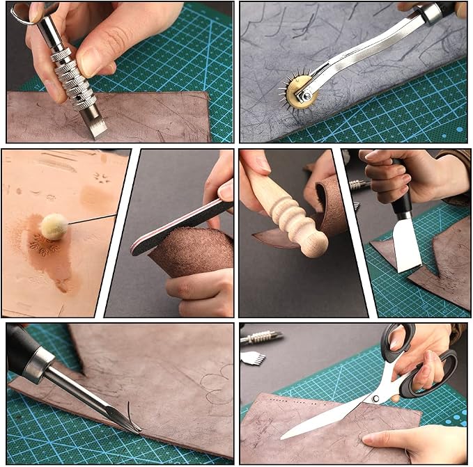 TLKKUE Leather Working Tools Leather Craft Tools for Carving Stamping Sewing Punching Cutting with Custom Storage Bag Professional Tooling Kit for Crafting, Repair & DIY Projects