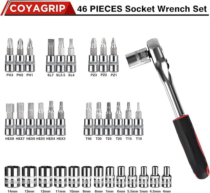 46PCS Socket Ratchet Wrench Set, 1/4 Inch Drive Small Tool Set with Screwdriver Bit Sockets Extension Bar and Storage Case, Metric Socket Set for Car Repair and Home Use, Black