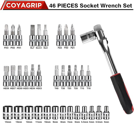 46PCS Socket Ratchet Wrench Set, 1/4 Inch Drive Small Tool Set with Screwdriver Bit Sockets Extension Bar and Storage Case, Metric Socket Set for Car Repair and Home Use, Black