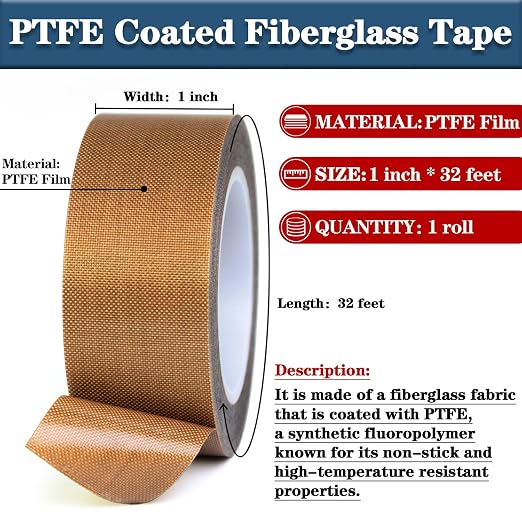 High-Temperature Teflon Fabric Tape, 1"×33 ft ,2"×33 ft PTFE Tape for Vacuum Sealer Machine, Hand Impulse Sealers Insulation PTFE Coated Fiberglass Adhesive Tape Waterproof, Heat Resistant, Durable