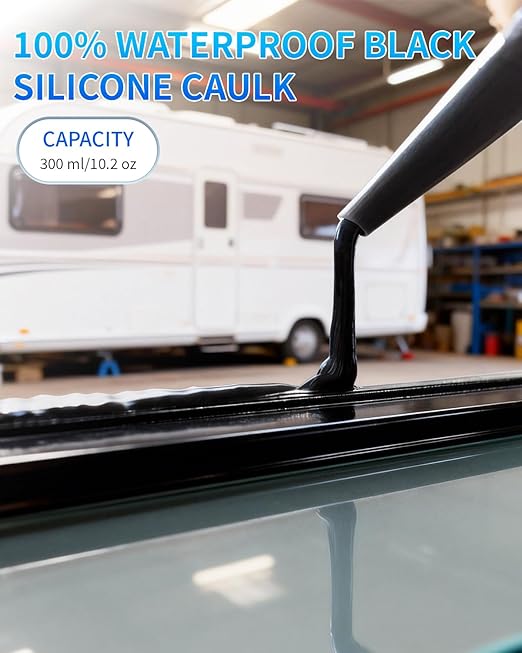 Black Silicone Caulk & Sealant, 100% Waterproof Silicone Caulking, Silicone Sealant Caulking for Kitchen, Bathroom, RV, Interior & Exterior Use, Shrink & Crack Proof, 10.2 FL. OZ/300ML, 12 Pack