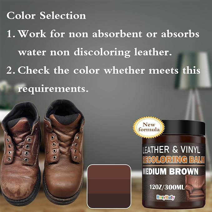 Leather Recoloring Balm Medium Brown Dye Vinyl Car Interior Boat Seat Paint Crafts Furniture Couch Recliner Chair Boot Jacket Shoe Bag Purse Belt Color Restorer Fading Stain Scratch Remover Repair