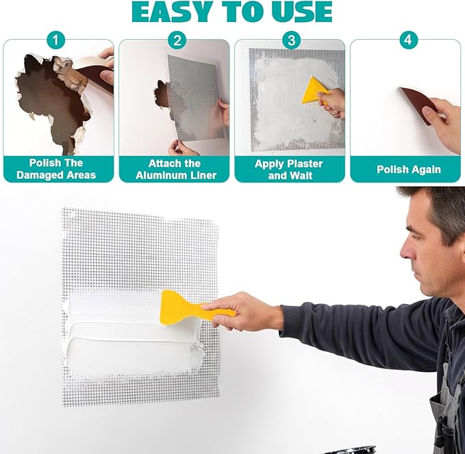 5Pcs Drywall Repair Kit Large Hole, 12 x 12in Self-Adhesive Drywall Patch Kit with Sandpapers & Scrapers, Wall Repair Patches for Big Holes & Cracks, Quick Fix for Ceiling Bathroom Wall Damage