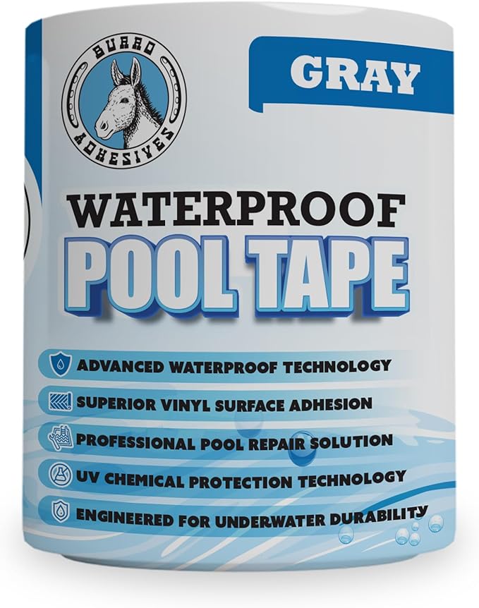 Burro Adhesives Professional Waterproof Gray Pool Tape 4" x 10' – Heavy Duty PVC Vinyl Pool Repair for Underwater & Dry Applications, Matches Gray Shade, Slate & Stone Liners, Instantly Seals Leaks