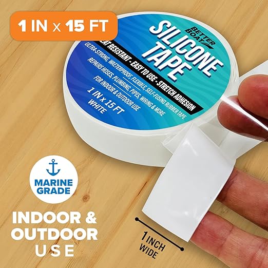 Better Boat Self Fusing Silicone Tape Waterproof White, Plumbing Tape for Leaks, Hose and Pipe Repair Tape, 1 in x 15 ft