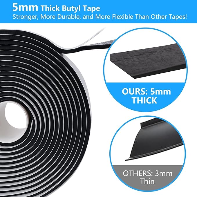 LLPT Butyl Tape Black 2 Inch x 33 Feet 5mm Thickness Water Tight Seal for Leak Proof EPDM RV Repair Window Glass Boat Sealing Roof Pipe Patching(BST5110)
