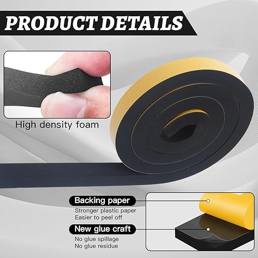 High Density Foam Tape 1" x 3/4" x 13Ft, Self Adhesive Weather Stripping, Waterproof Heat Resistant Seal Strip for Doors, Windows, Cars, Pipes, Easy to Cut & Install