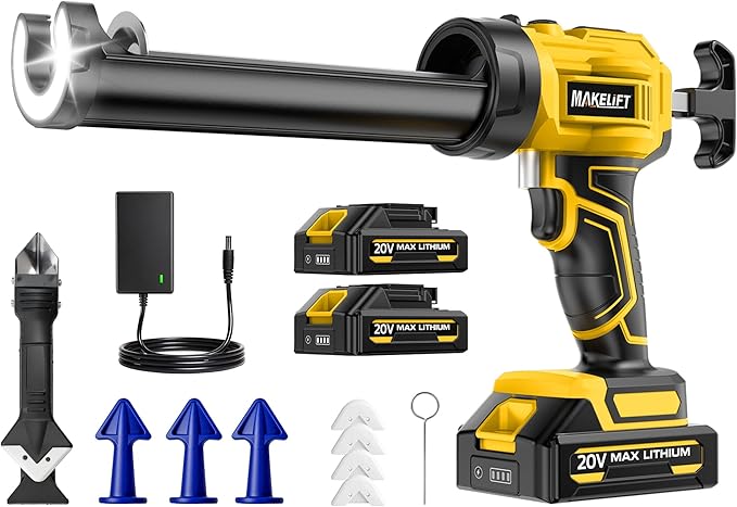 Electric Caulking Gun, 10oz Caulk Gun with 2x2000mAh Batteries, Cordless Caulking Gun, 4 Adjustable Speeds, LED Light, Auto Retraction, 9 Pcs Silicone Caulking Tools for Filling and Sealing