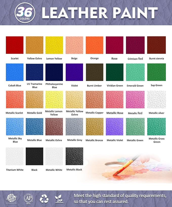 Colorful Acrylic Leather Paint for Shoe Painting- 36 Colors Leather Paint for Bag & Wallet Decor, Leather Jacket Care, Crafts DIY & Customizing Leather Projects
