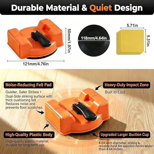 Floor Gap Fixer Tool - 4.64" Suction Cup, Dual-Sided Striking Surface, 5 Reusable Pads for Laminate, Hardwood & Vinyl Floor Gap Repair