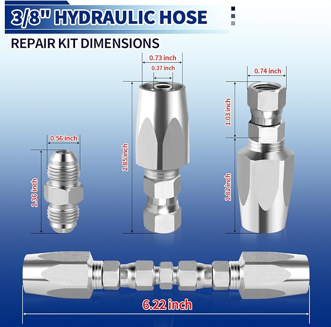 Hydraulic Hose Repair Kit, 3/8'' Hydraulic Hose Field Repair Kit, 2pcs Reusable Tool Heavy Duty Galvanized Carbon Steel Fittings
