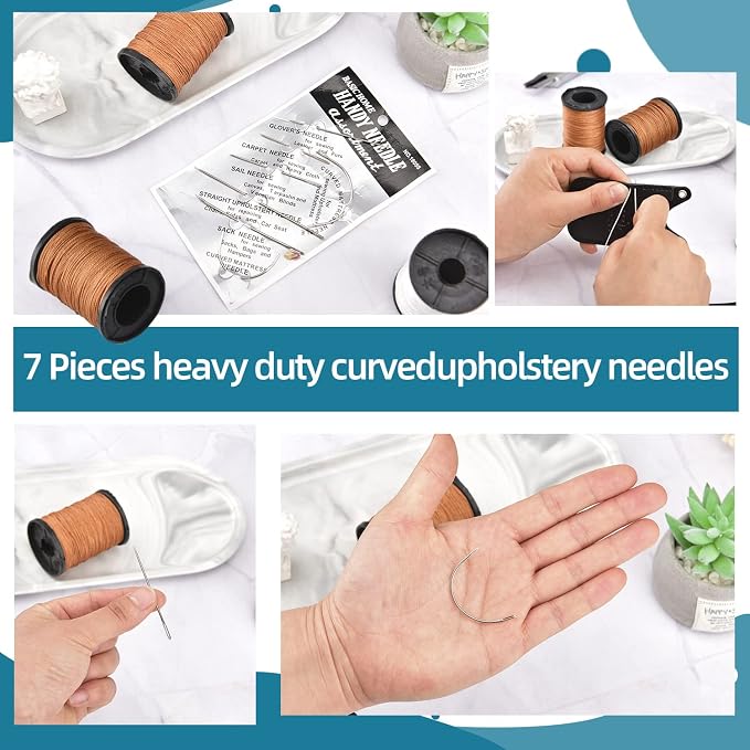 Topus Extra Strong Upholstery Repair Sewing Thread Kit and Heavy Duty Household Hand Needles, Including 7 Styles of Leather Canvas Sewing Needles and 3 Rolls Nylon Thread (70 Yard of Each Roll), Brown