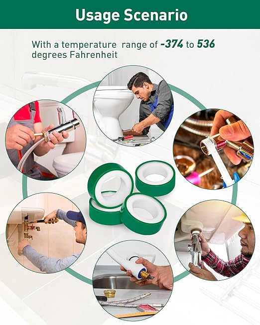 4 Roll Plumbers Tape, -374 to 536 Degree F Temperature Range, Teflon Plumbing Tape, High Density 0.45g/cm, Used for Water Pipes, faucets, valves, L 390 in x W 0.47 in³.Green