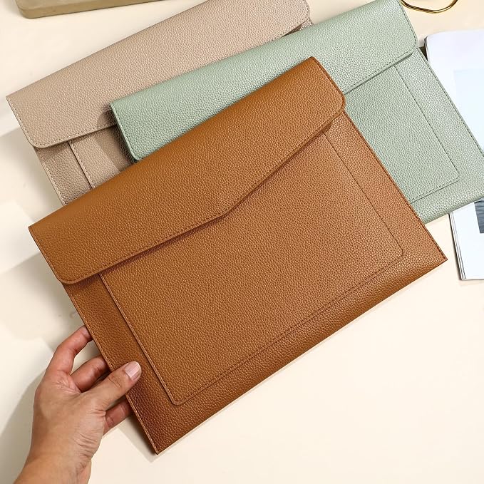A4 Large Capacity Document Bag, Premium PU Leather File Holder, Multi-Color, Double-Layer Design, 13.39 x 10.04 Inches (Brown)