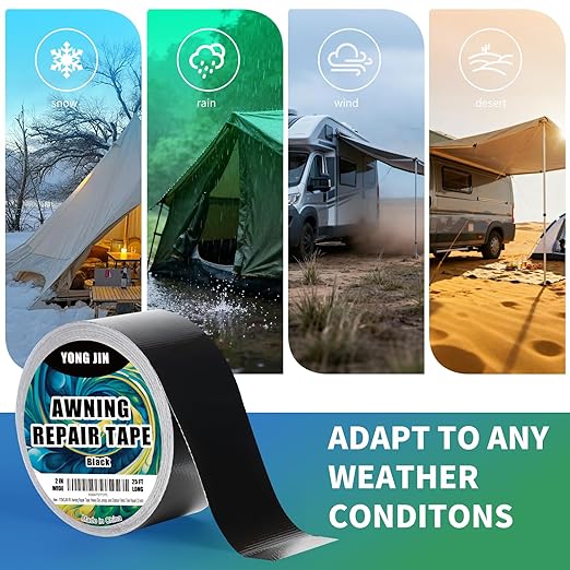 YONGJIN RV Awning Repair Tape, Heavy Duty Outdoor Tent Repair Tape and Tarp Tape, Waterproof Tarp Patch Kit for Camper, Boat Covers, Leather, Canvas, Rubber, Plastic, Heat Resistant (2 inch)