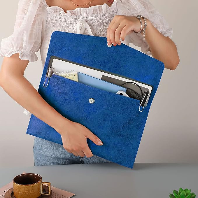 PU Leather A4 File Folder Document Holder Waterproof Portfolio Envelope Folder Case with Snap Closure Blue