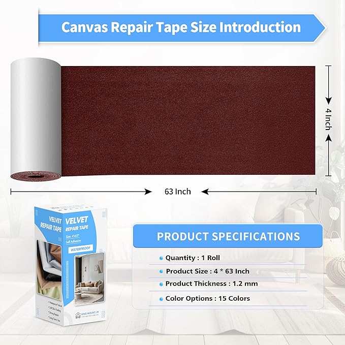 KING MOUNTAIN Couch Fabric Repair Patch, Fabric Patches for Furniture, 4" x 63" Waterproof Velvet Repair Tape for Sofas, Car Seats, Furniture, Upholstery Fabrics and Velvet Goods. （Burgundy）