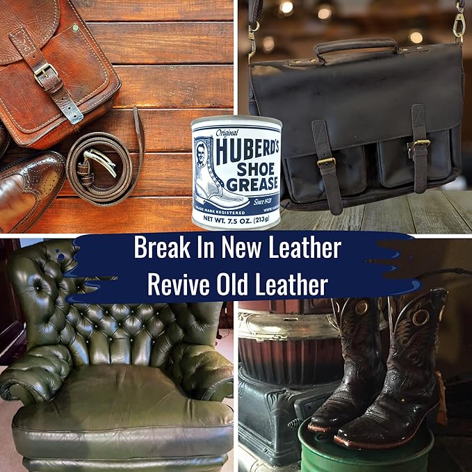 Huberd's Shoe Grease – Leather Conditioner & Waterproofer Since 1921 | 7.5 oz can. Beeswax & pine tar formula. Waterproofs, conditions & softens boots, shoes, saddles, bags, and leather gear.