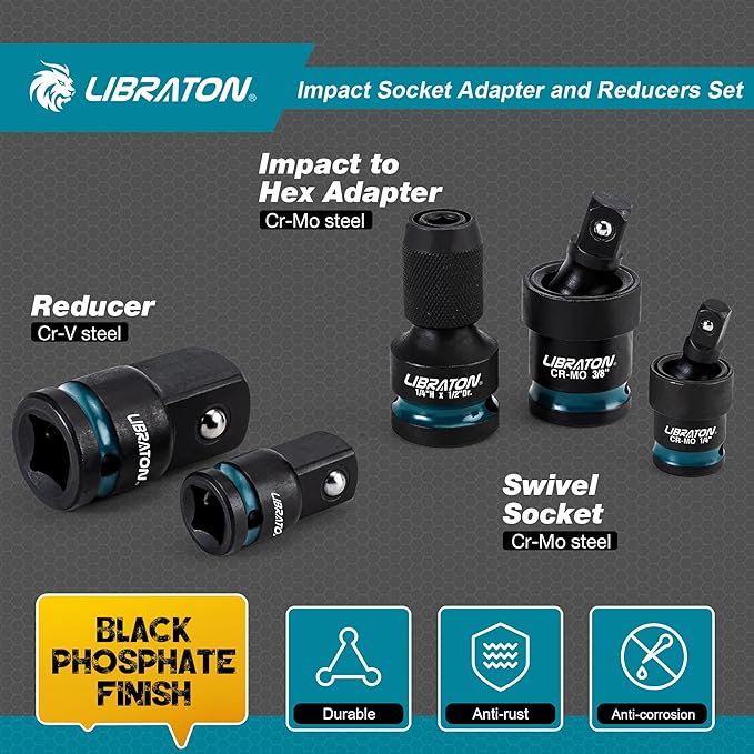 LIBRATON Impact Socket Adapter and Reducer Set 11PCS, Socket Adapter Reducers, Swivel Socket Adapters, Impact to 1/4 Hex Converters, Impact Wrench Adapters for Automotive Repair, with Blow Molded Box