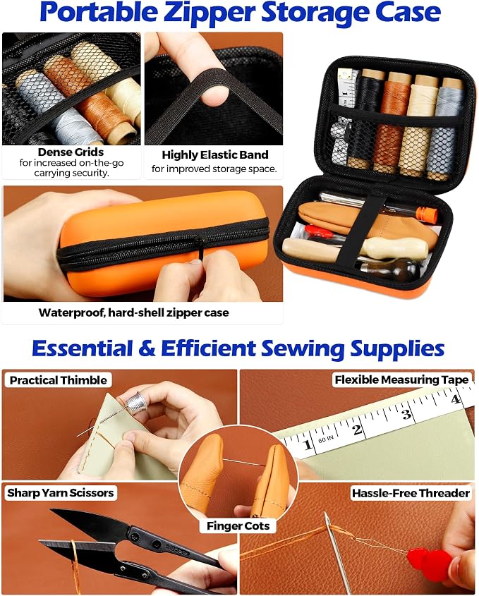PLANTIONAL Leather Repair Sewing Kit: 31pcs Leather Working Tools with Pro Waxed Thread, Large Eye Hand Sewing Needles, 3 Versatile Awl, Heavy Duty Sewing Kit for Car, Upholstery, Vinyl, Canvas 02