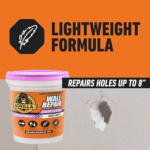 Gorilla High Performance Wall Repair Color Change, 16 Ounce Tub, Applies Purple, Dries White – Spackling & Primer in One, Shrink & Crack Resistant