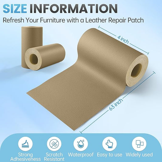 Leather Repair Patch Tape Kit, 4" x 63" Self Adhesive Leather Repair Patch for Furniture, Vinyl Leather Repair Kit for Car Seat, Chairs, Couch, Sofa, Boat Beige