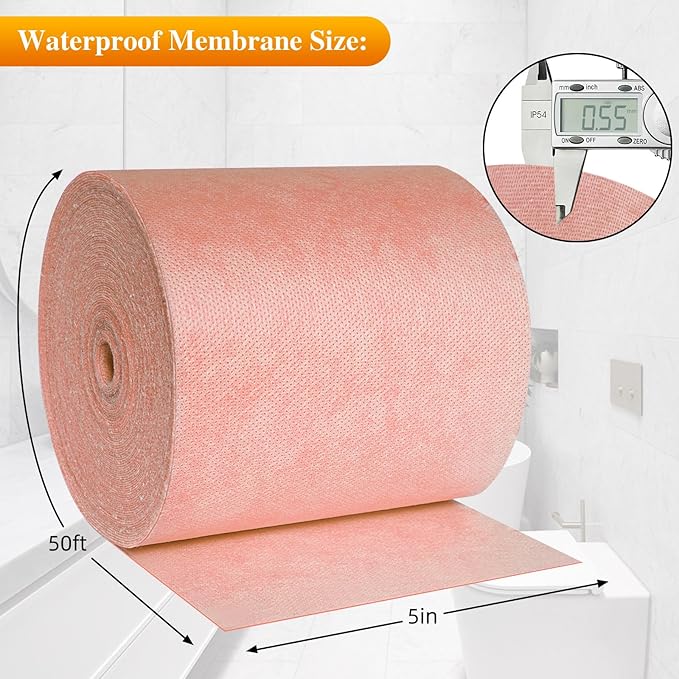 Waterproof Membrane Band Roll,Shower Waterproofing Membrane Uncoupling Band for Tile Wall Floor Bathroom Shower Sauna Steam Room, Tile Underlayment Seam Tape(5IN*50ft), 22Mils Thick