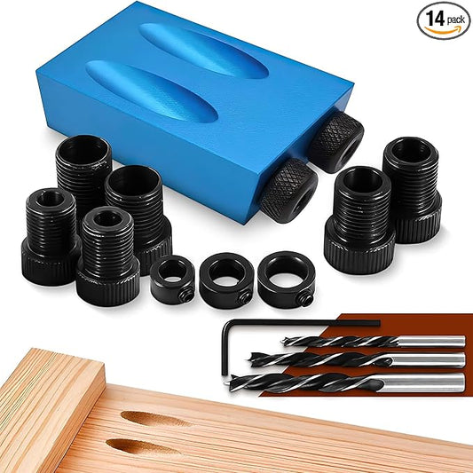 14 Pcs Compact Pocket Hole Jig Kit – Build Strong, Clean Joints with Hidden Screws | Aluminum Pocket Screw Jig with 15° Angle Drill Guide, 6 Bushings 6–10mm, 3 Drill Bits, Stop Rings, Adapter, Case