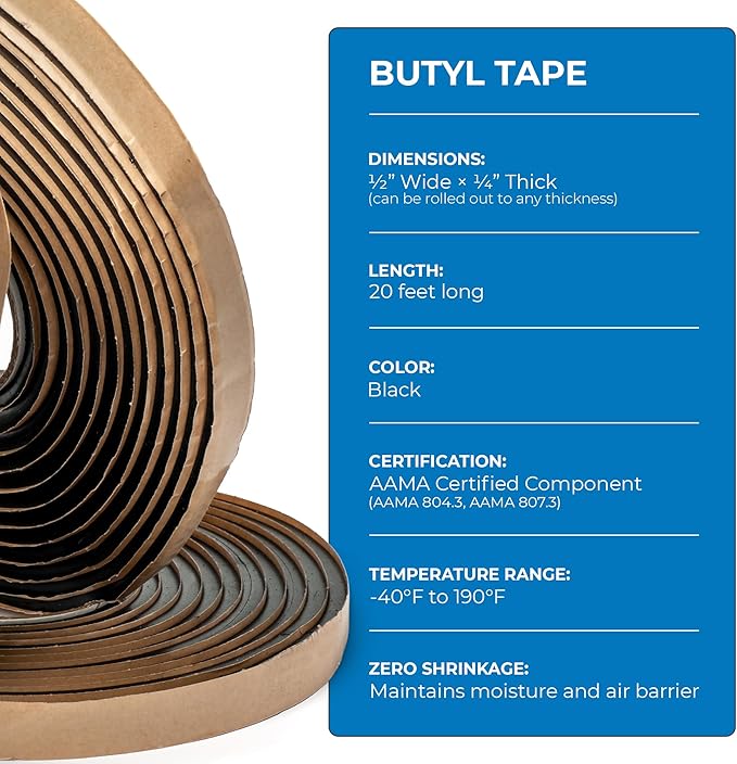 Second Skin Butyl Tape – 1 Roll (20ft x 1/2” x 1/4”) | Black Butyl Sealant Tape for RV, Auto, Marine, Headlight Repair, Window Glazing Tape | Weatherproof & Waterproof, Indoor & Outdoor, Made in USA