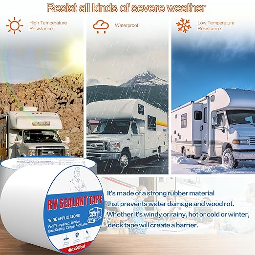 Rv Roof Tape White 4 Inch X 50 Feet, Waterproof Repair Sealant Tape UV-Resistant & Weatherproof Rv Awning Repair Tape for Window, Vent, Boat Sealing, Truck Camper Roof Patch kit Metal Roof Sealant