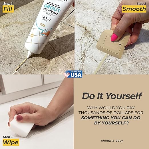 PentaUSA Tile Grout Repair Kit - Warm Beige Premixed Acrylic Sanded Grout, Water-Resistant Grout Filler for Bathroom&Shower, Kitchen Floor, Fast Drying, with Applicator, 13.4 oz (380g)