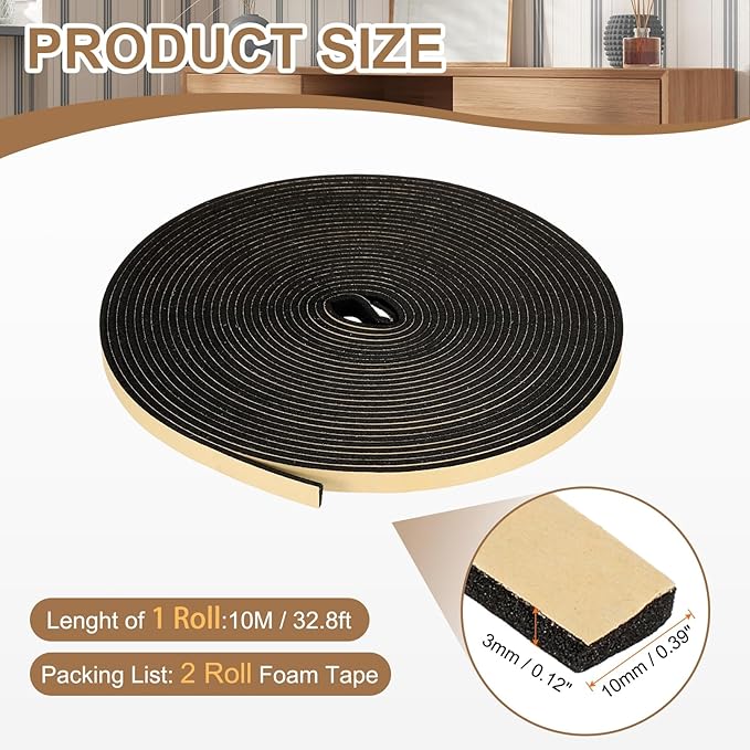 PATIKIL Foam Insulation Tape, 2Pcs 3/8" W x 1/8" t x 32.8FT Self Adhesive Weather Stripping Door Seal Strip for Door Window Air Conditioning, Black